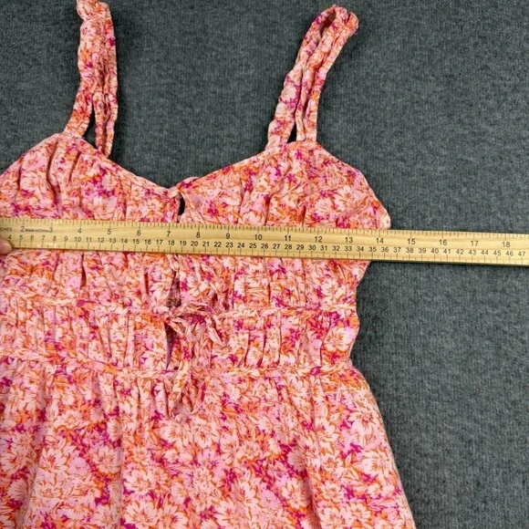 American Eagle Small Silky Tie-Front Mini Dress Pink Orange Floral Summer - Picture 7 of 8